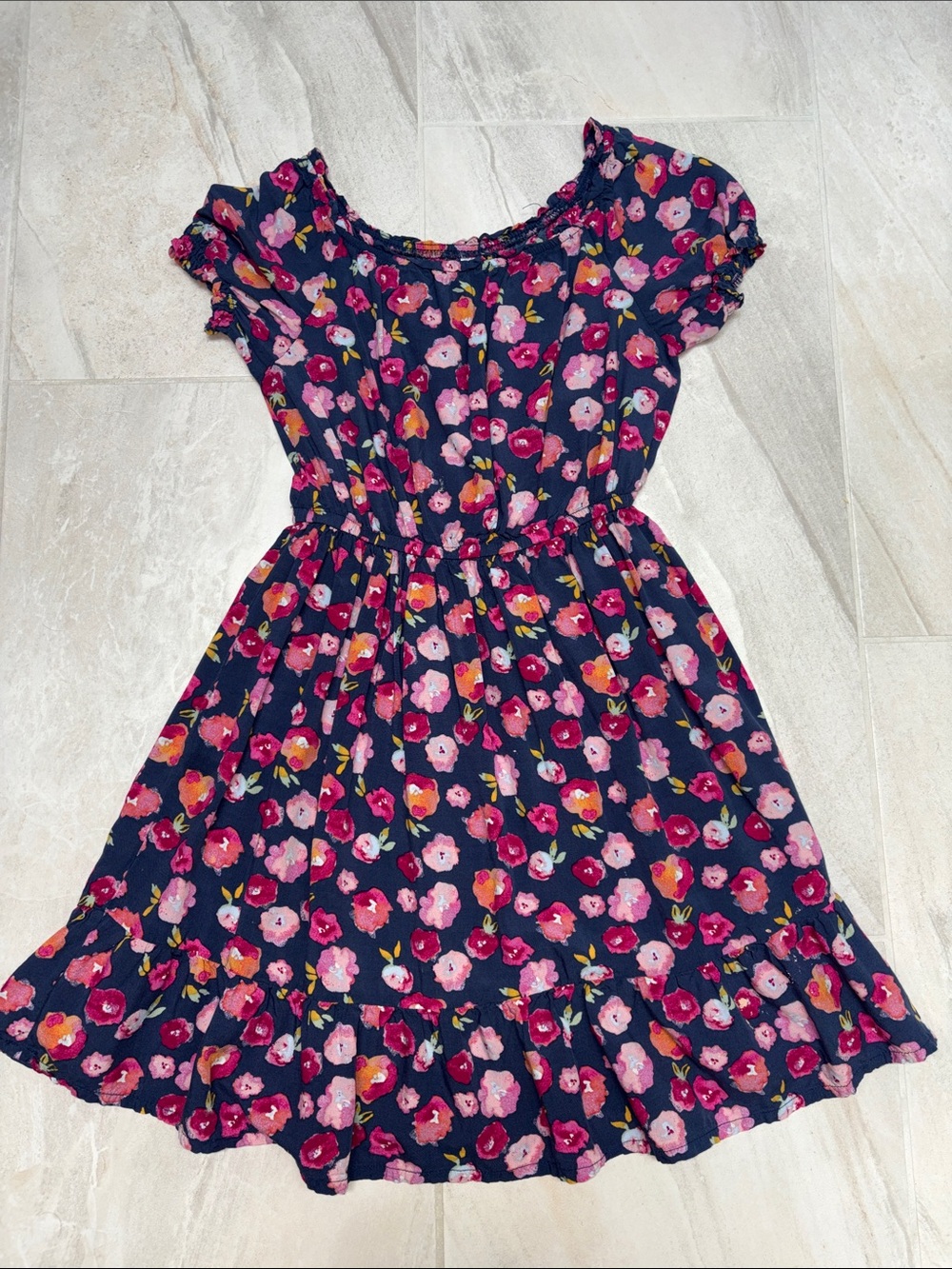 Carter’s Girls (Size 7) Navy Floral Smocked Waist Dress - Pink & Red Flowers